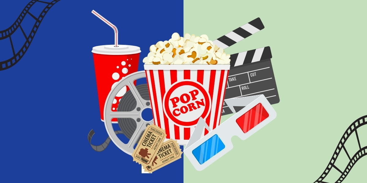 Decorated image of popcorn, drinks, and film