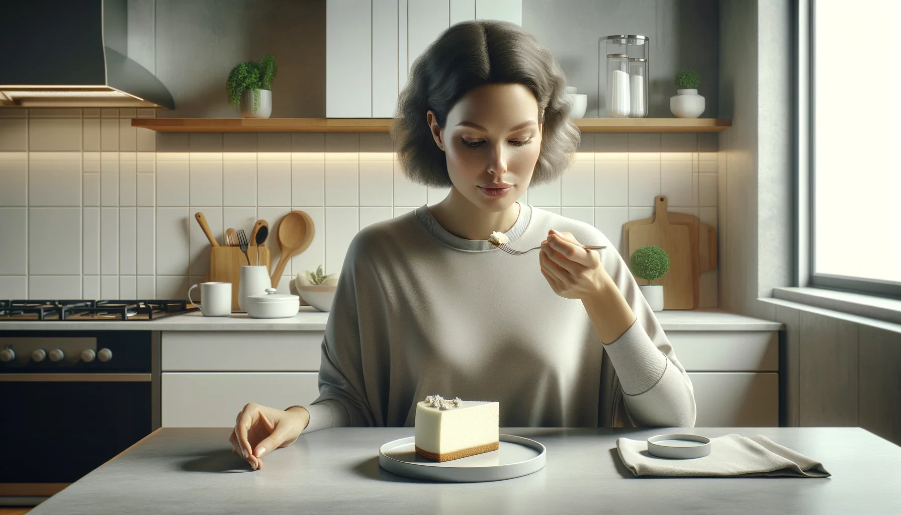 Woman contemplating if she should eat cheesecake in a kitchen.
